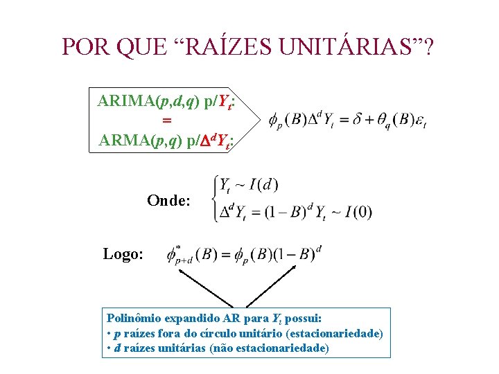 POR QUE “RAÍZES UNITÁRIAS”? ARIMA(p, d, q) p/Yt: = ARMA(p, q) p/ d. Yt: