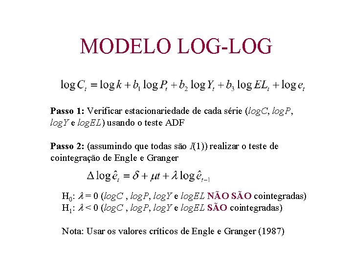 MODELO LOG-LOG Passo 1: Verificar estacionariedade de cada série (log. C, log. P, log.