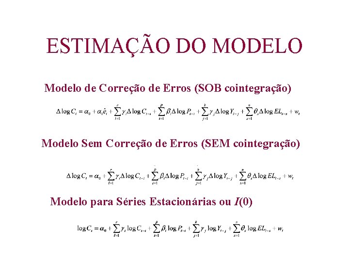 ESTIMAÇÃO DO MODELO Modelo de Correção de Erros (SOB cointegração) Modelo Sem Correção de