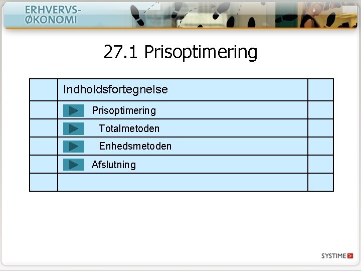 27. 1 Prisoptimering Indholdsfortegnelse Prisoptimering Totalmetoden Enhedsmetoden Afslutning 