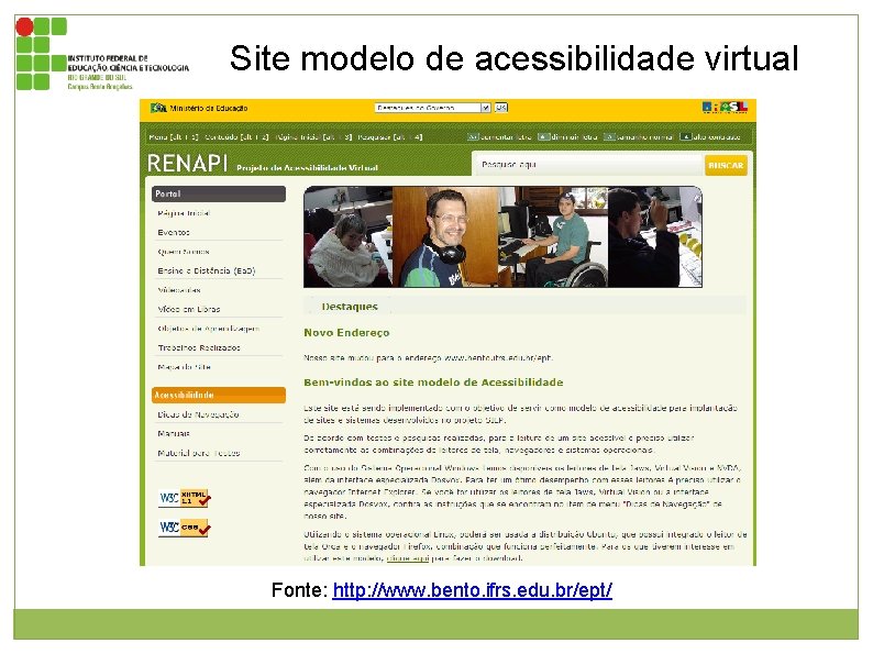 Site modelo de acessibilidade virtual Imagem da página inicial do site modelo RENAPI –