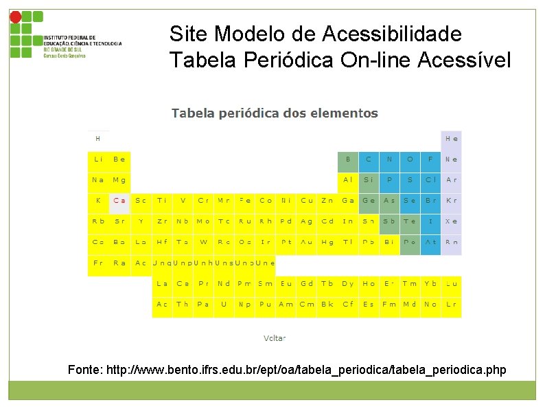 Site Modelo de Acessibilidade Tabela Periódica On-line Acessível Fonte: http: //www. bento. ifrs. edu.