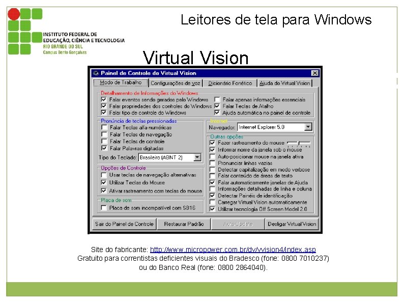 Leitores de tela para Windows Virtual Vision Janela de configuração do virtual vision com