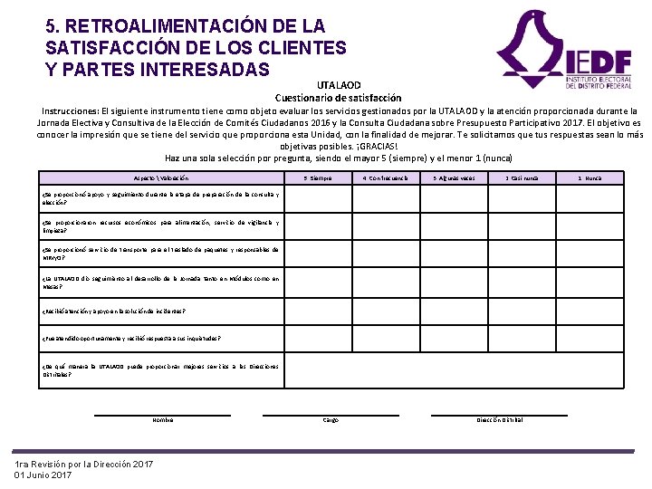 5. RETROALIMENTACIÓN DE LA SATISFACCIÓN DE LOS CLIENTES Y PARTES INTERESADAS UTALAOD Cuestionario de