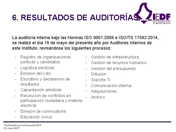 6. RESULTADOS DE AUDITORÍAS La auditoría interna bajo las Normas ISO 9001: 2008 e