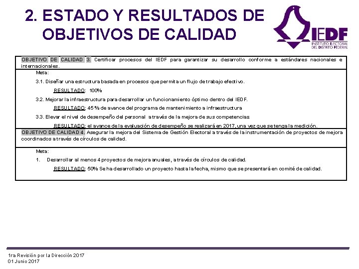 2. ESTADO Y RESULTADOS DE OBJETIVOS DE CALIDAD OBJETIVO DE CALIDAD 3. Certificar procesos