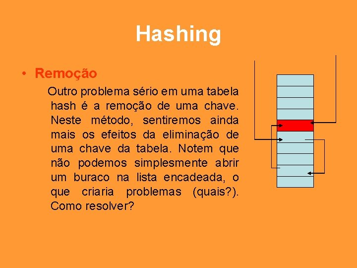 Hashing • Remoção Outro problema sério em uma tabela hash é a remoção de