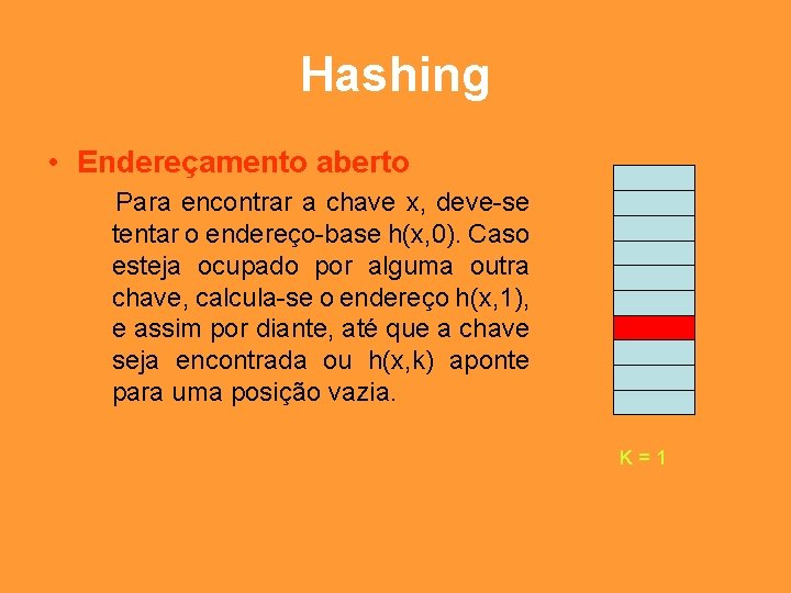 Hashing • Endereçamento aberto Para encontrar a chave x, deve-se tentar o endereço-base h(x,