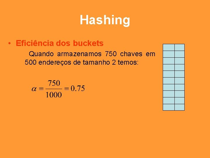 Hashing • Eficiência dos buckets Quando armazenamos 750 chaves em 500 endereços de tamanho