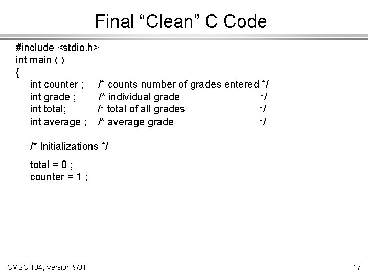 Final “Clean” C Code #include <stdio. h> int main ( ) { int counter