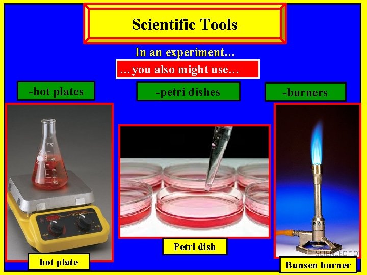 Scientific Tools In an experiment… …you also might use… -hot plates -petri dishes -burners