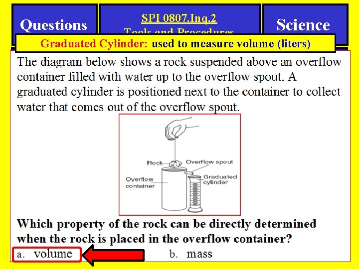 SPI 0807. Inq. 2 Questions Science Tools and Procedures Graduated Cylinder: used to measure