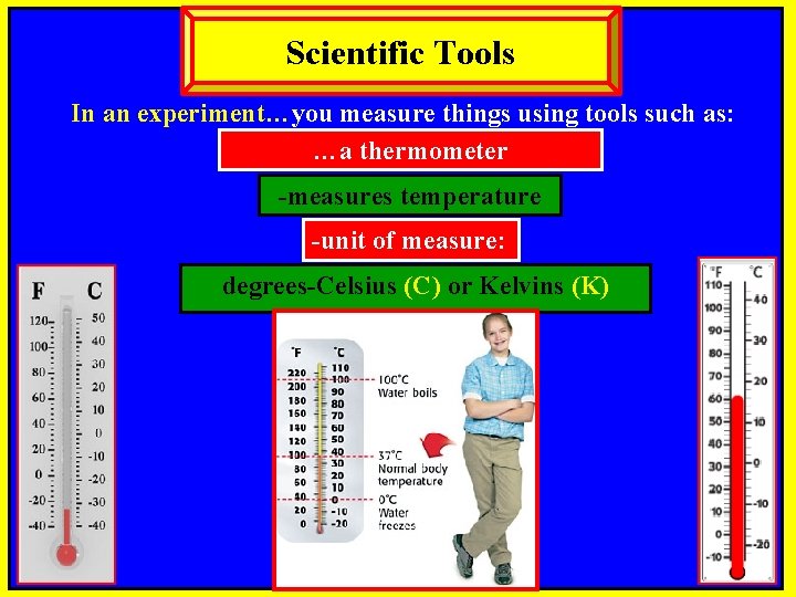 Scientific Tools In an experiment…you measure things using tools such as: …a thermometer -measures