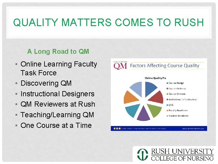 QUALITY MATTERS COMES TO RUSH A Long Road to QM • Online Learning Faculty