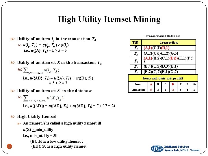 High Utility Itemset Mining Utility of an item ip in the transaction Td u(ip