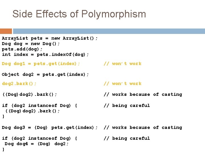 Side Effects of Polymorphism Array. List pets = new Array. List(); Dog dog =