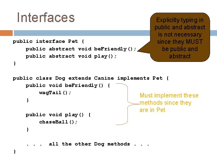 Interfaces Explicitly typing in public and abstract is not necessary since they MUST be