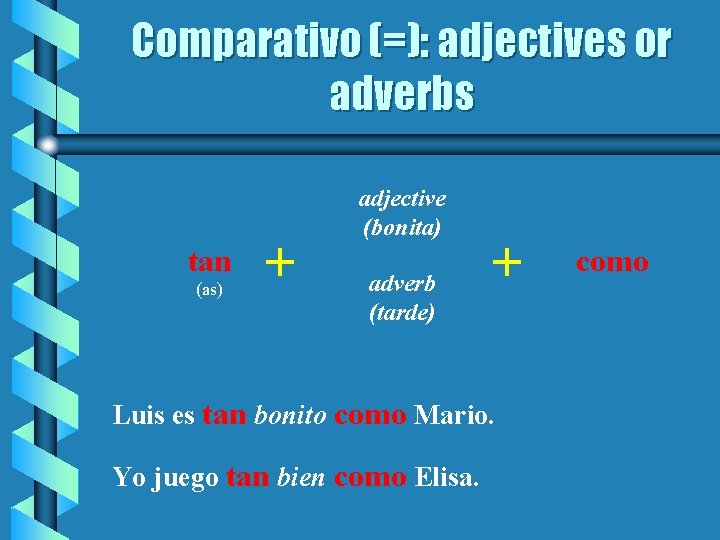 Comparativo (=): adjectives or adverbs tan (as) + adjective (bonita) adverb (tarde) + Luis