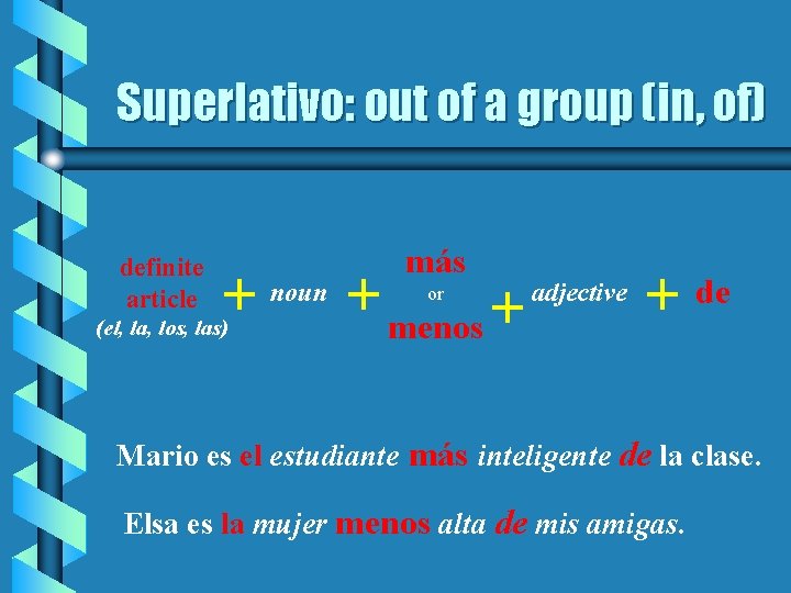 Superlativo: out of a group (in, of) definite article más + noun + menos