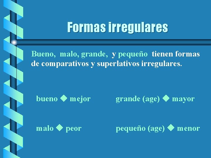 Formas irregulares Bueno, malo, grande, y pequeño tienen formas de comparativos y superlativos irregulares.