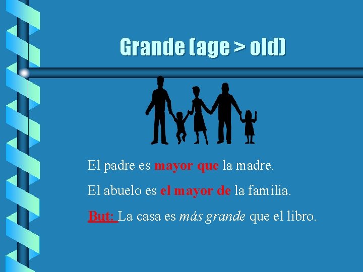 Grande (age > old) El padre es mayor que la madre. El abuelo es