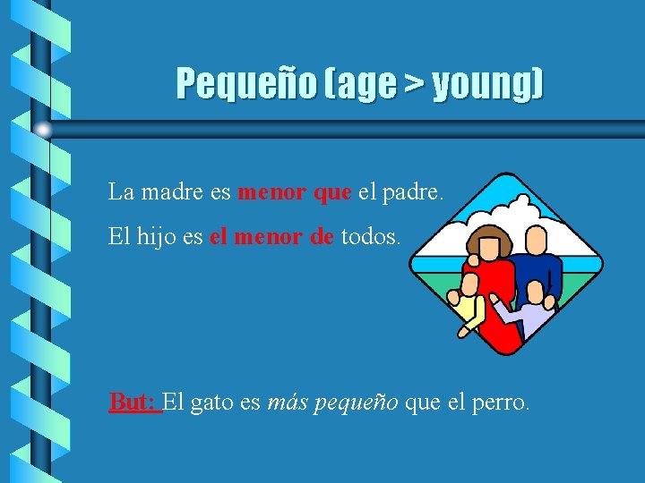 Pequeño (age > young) La madre es menor que el padre. El hijo es