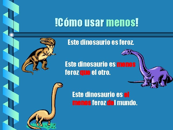 !Cómo usar menos! Este dinosaurio es feroz. Este dinosaurio es menos feroz que el