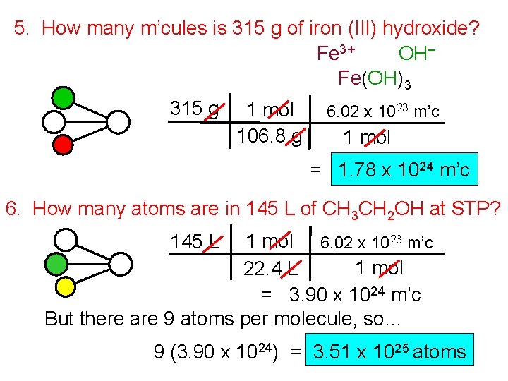 5. How many m’cules is 315 g of iron (III) hydroxide? OH– Fe 3+