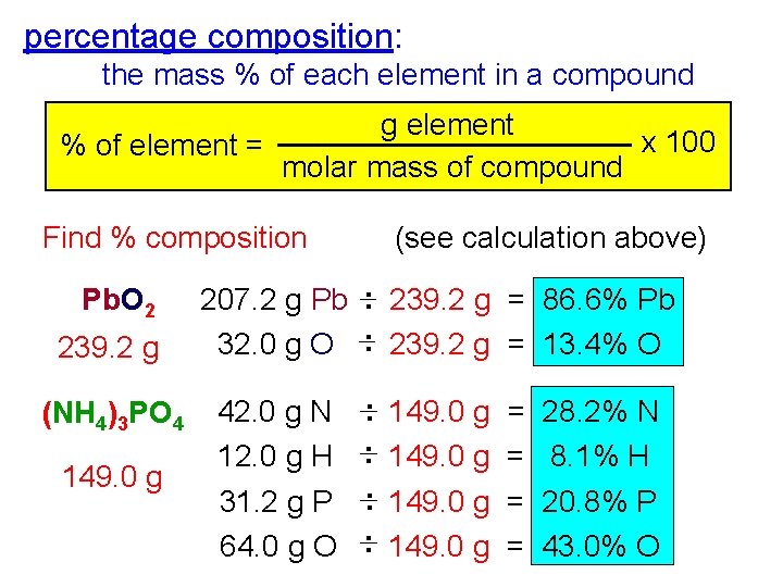 percentage composition: the mass % of each element in a compound g element x