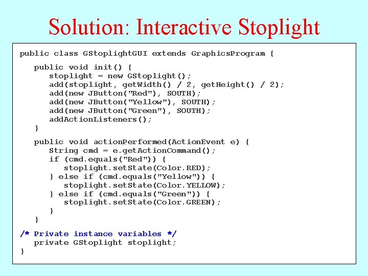 Solution: Interactive Stoplight public class GStoplight. GUI extends Graphics. Program { public void init() Solution: Interactive Stoplight public class GStoplight. GUI extends Graphics. Program { public void init()