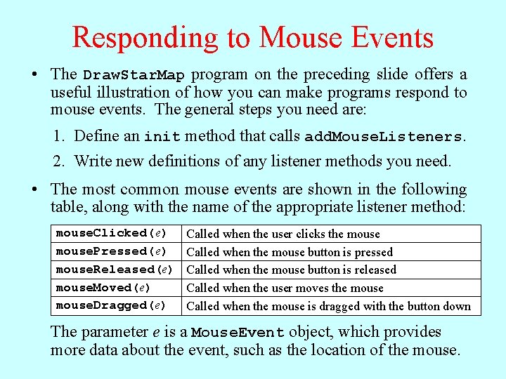 Responding to Mouse Events • The Draw. Star. Map program on the preceding slide Responding to Mouse Events • The Draw. Star. Map program on the preceding slide