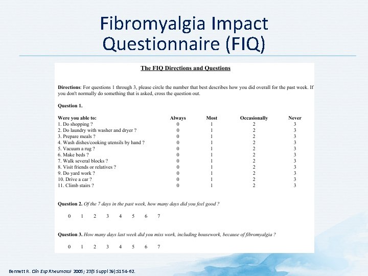 Fibromyalgia Impact Questionnaire (FIQ) Bennett R. Clin Exp Rheumatol 2005; 23(5 Suppl 39): S