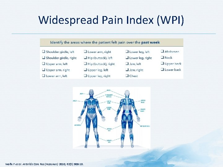 Widespread Pain Index (WPI) Wolfe F et al. Arthritis Care Res (Hoboken) 2010; 62(5):