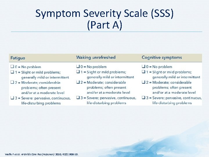 Symptom Severity Scale (SSS) (Part A) Wolfe F et al. Arthritis Care Res (Hoboken)