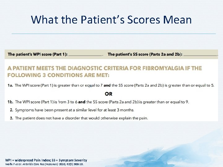 What the Patient’s Scores Mean WPI = widespread Pain Index; SS = Symptom Severity