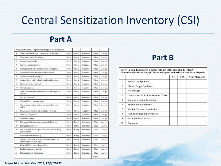 Central Sensitization Inventory (CSI) Part A Part B Mayer TG et al. Pain Pract