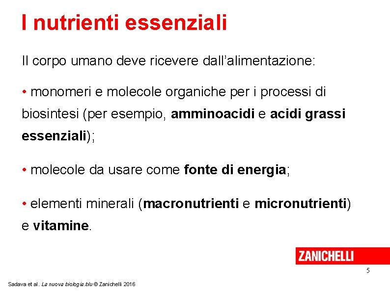I nutrienti essenziali Il corpo umano deve ricevere dall’alimentazione: • monomeri e molecole organiche