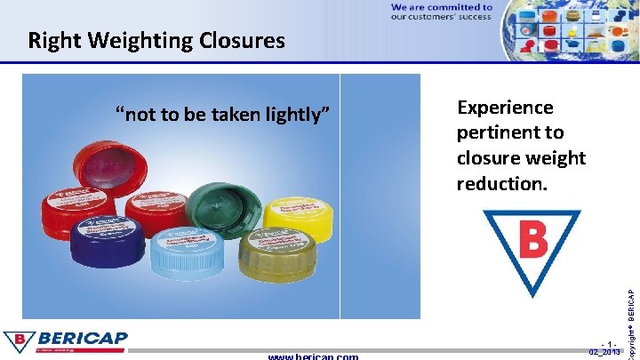 Right Weighting Closures Experience pertinent to closure weight reduction. -1 - 02_2013 opyright© BERICAP