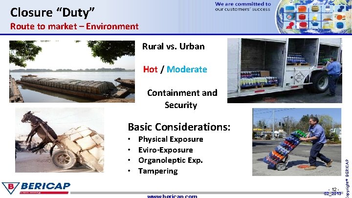 Closure “Duty” Route to market – Environment Rural vs. Urban Hot / Moderate Containment