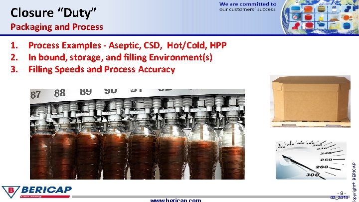 Closure “Duty” Packaging and Process -9 - 02_2013 opyright© BERICAP 1. Process Examples -