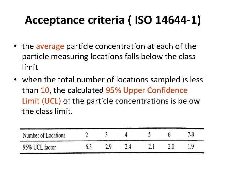 Acceptance criteria ( ISO 14644 -1) • the average particle concentration at each of