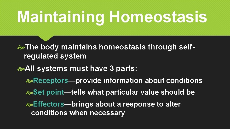 Maintaining Homeostasis The body maintains homeostasis through selfregulated system All systems must have 3