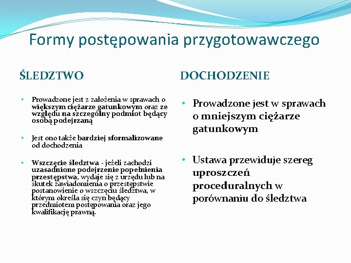 Formy postępowania przygotowawczego ŚLEDZTWO • Prowadzone jest z założenia w sprawach o większym ciężarze