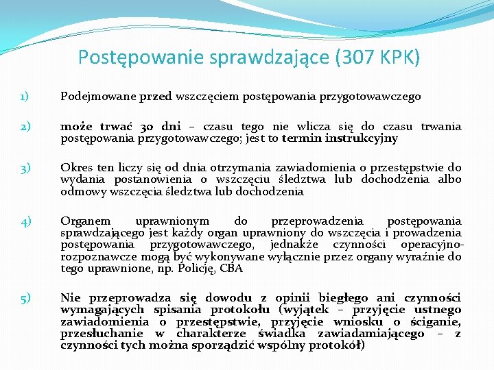 Postępowanie sprawdzające (307 KPK) 1) Podejmowane przed wszczęciem postępowania przygotowawczego 2) może trwać 30