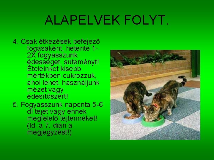 ALAPELVEK FOLYT. 4. Csak étkezések befejező fogásaként, hetente 12 X fogyasszunk édességet, süteményt! Ételeinket