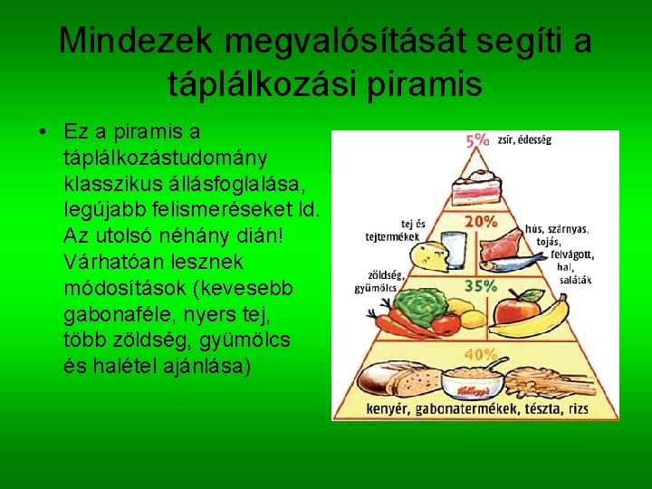 Mindezek megvalósítását segíti a táplálkozási piramis • Ez a piramis a táplálkozástudomány klasszikus állásfoglalása,