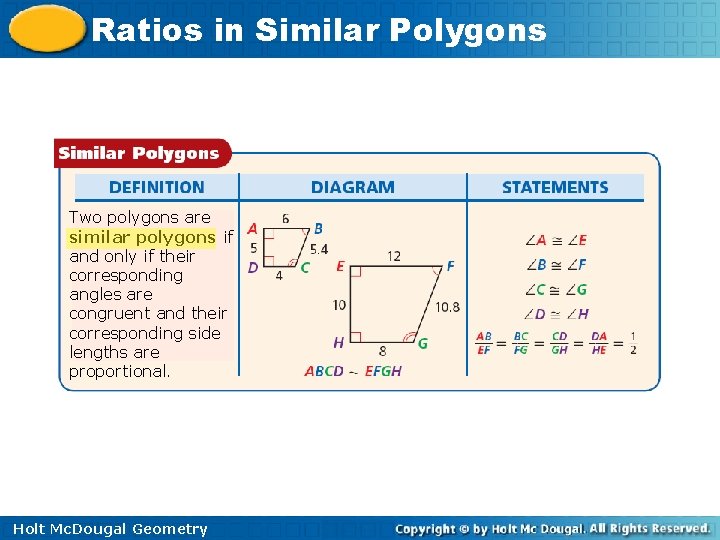 Ratios in Similar Polygons Two polygons are similar polygons if and only if their