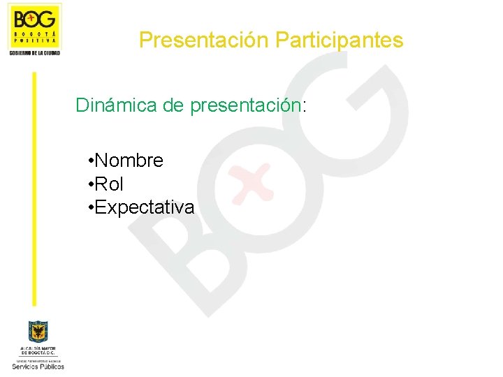 Presentación Participantes Dinámica de presentación: • Nombre • Rol • Expectativa 