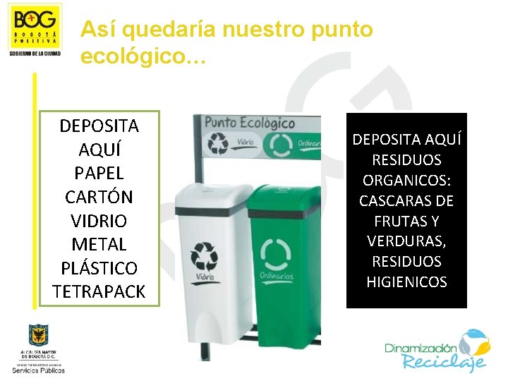 Así quedaría nuestro punto ecológico… DEPOSITA AQUÍ PAPEL CARTÓN VIDRIO METAL PLÁSTICO TETRAPACK DEPOSITA