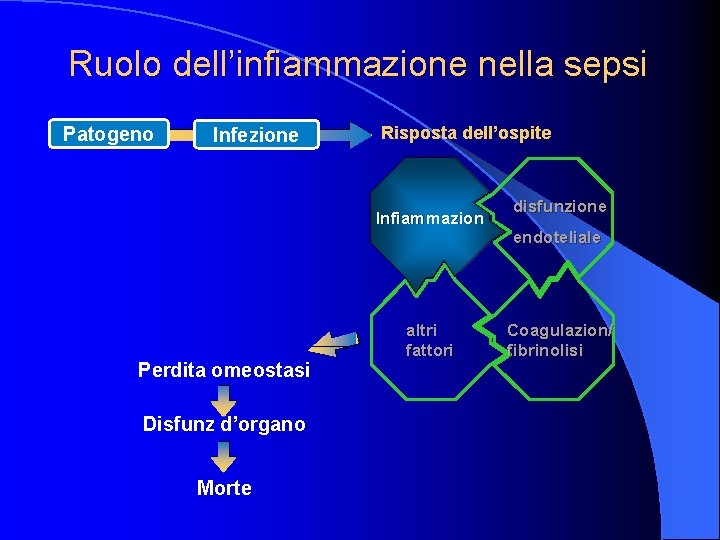 Ruolo dell’infiammazione nella sepsi Patogeno Infezione Risposta dell’ospite Infiammazion Perdita omeostasi Disfunz d’organo Morte